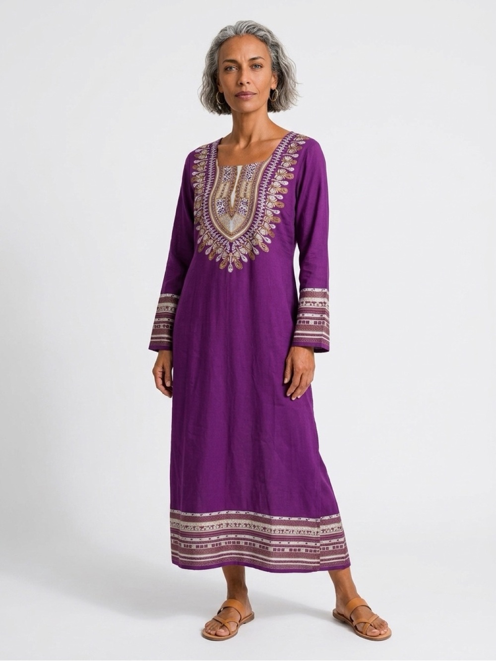 Ashro Purple Embroidered Long Sleeve Maxi Dress Size L